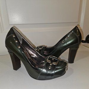 Naughty Monkey Stacked Heel Patent Leather Metallic Green Buckle Pump